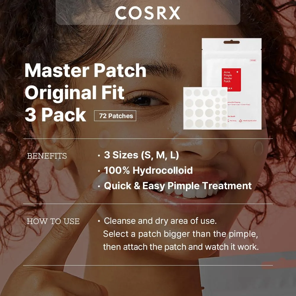 COSRX Acne Pimple Patches Absorbing Hydrocolloid Spot, 3 Size (72 Count)