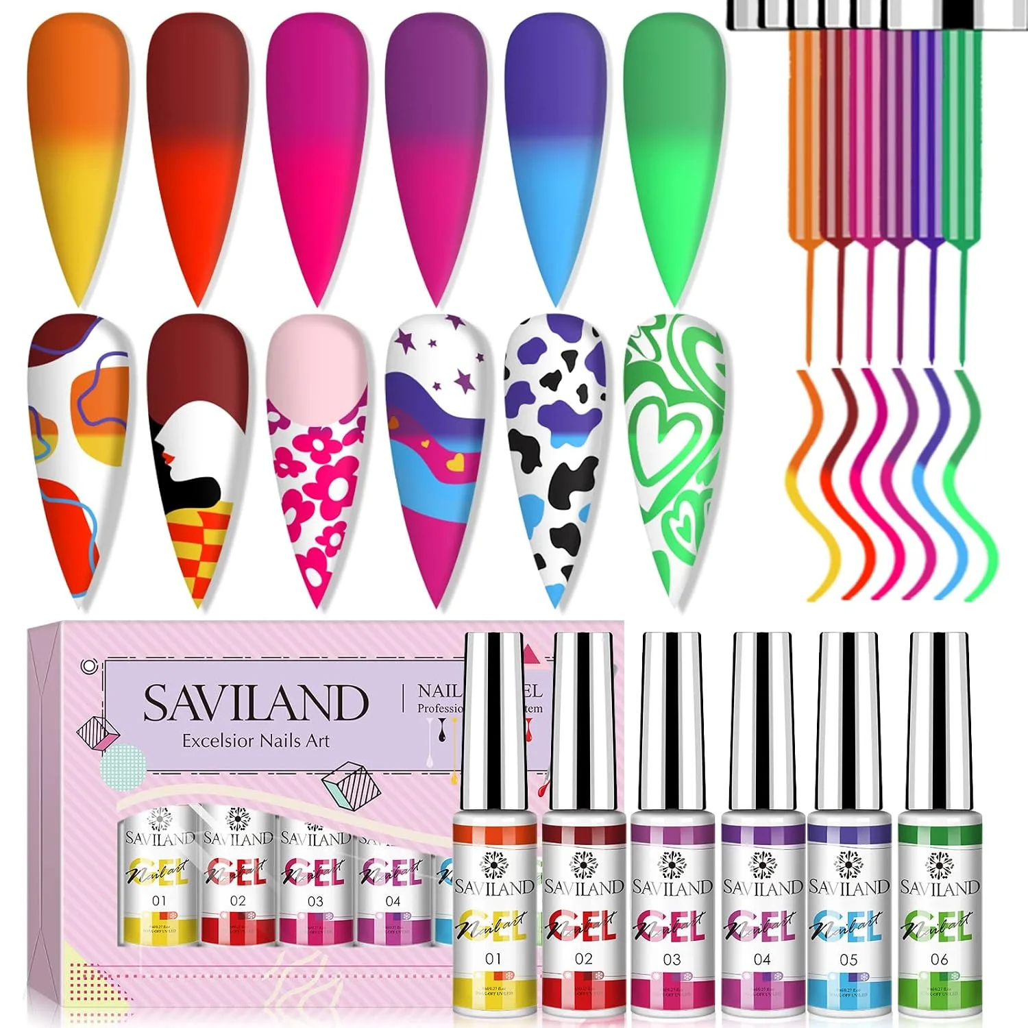 SAVILAND Temperature Color Change Gel Nail Art Polish: Nail Art Pens 6 Colors Changing Liner Gel Polish Mood Temperature Change Nail Polish Set Soak Off Nail DIY Salon Manicure Home Gift Christmas