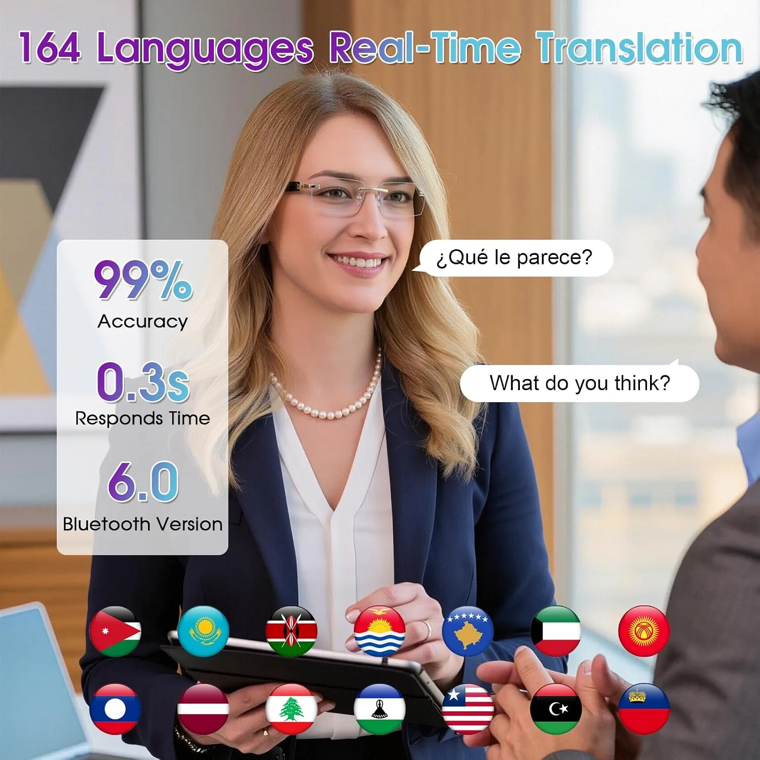 AI Translation Smart Glasses, 164 Languages, Bluetooth Glasses, Gold