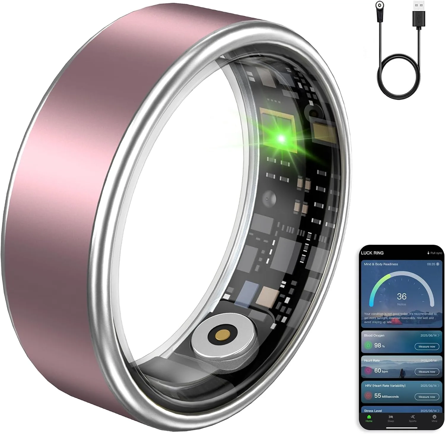 Smart Ring Fitness Tracker Ring for Women & Men, Sleep/Step/Blood Oxygen/Heart Rate Monitor, Long-Lasting Battery Sleep Ring, No Subscription Fee (Matte Pink, #8)