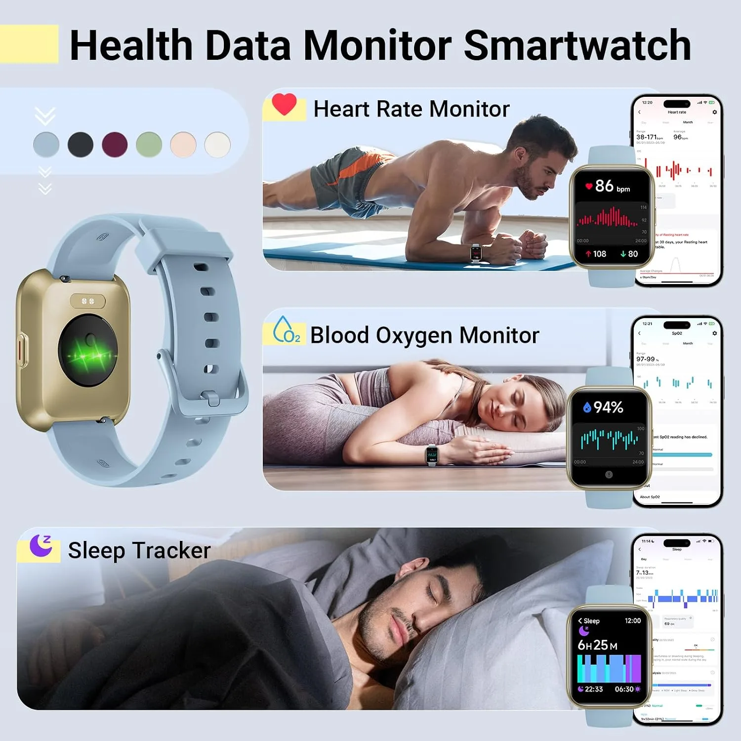 Quican Smart Watches for Men Women, Compatible with iPhone & Android