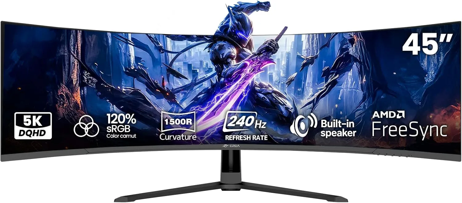 CRUA 45" DQHD 240Hz Ultrawide Curved Gaming Monitor, 1500R, FreeSync, Black