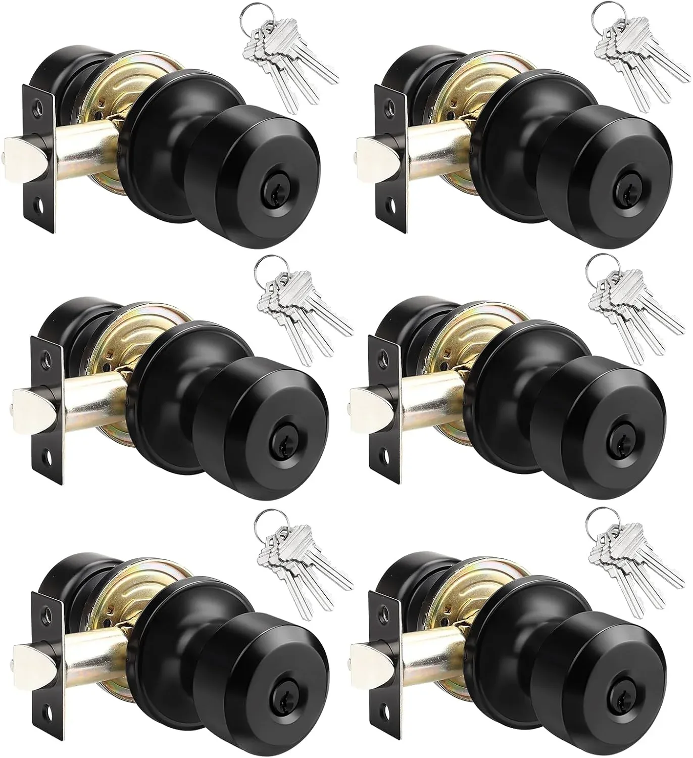 KNOBWELL 6 Pack Keyed Alike Exterior Door Knobs with Matte Black Finish, Keyed Entry/ Bedroom Door Knobs with Lock and Key, Entrance Door Knob Set