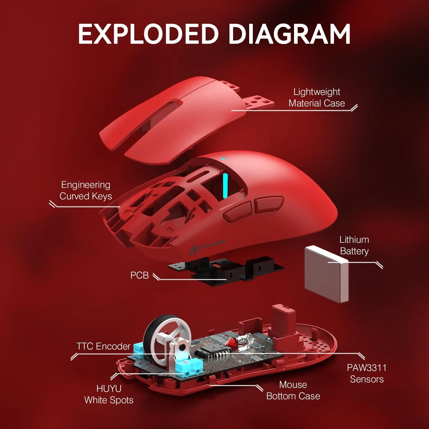 ATTACK SHARK X11 Wireless Gaming Mouse, PAW3311 Sensor, Lightweight, RGB Charging Dock, 22,000 DPI, Tri-Mode Connectivity, 5 Programmable Buttons - Red