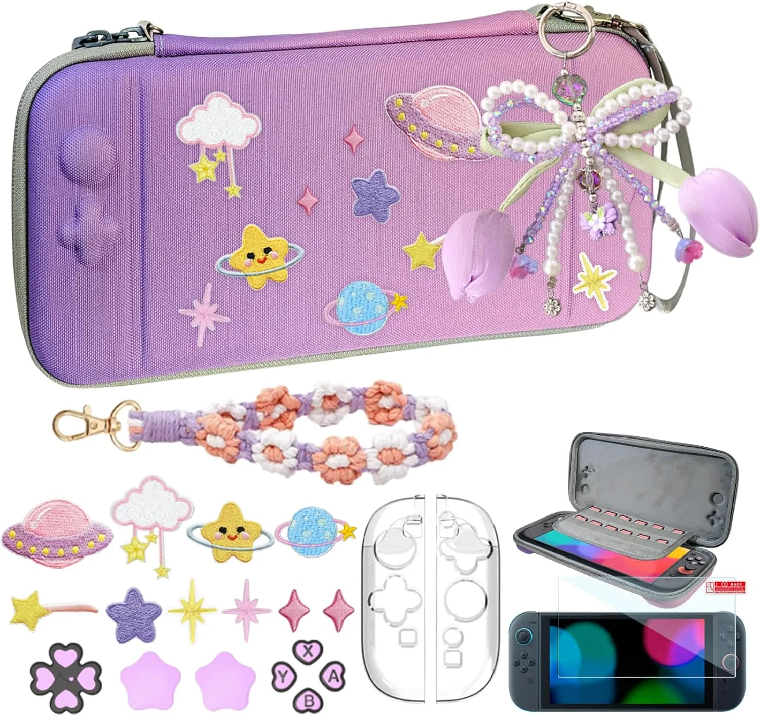 Cute Travel Carrying Case for Switch 2 2025 with Silicone j-con Covers, Thumb Grip Caps, Screen Protector, Flower Strap, Charms and Embroidery stickers for Girls Women, Purple-Pink