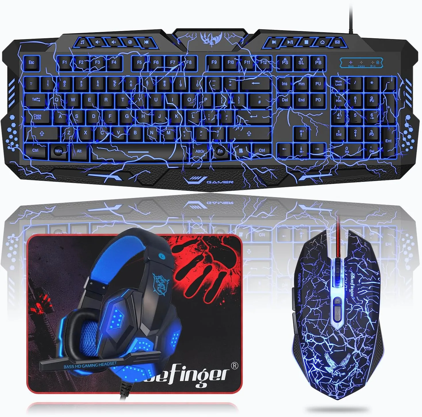 BlueFinger Backlit Gaming Keyboard, Mouse and LED Headset Combo - USB Wired 3 Color Crack Backlit, Blue LED Light Headset - Set for Work and Game