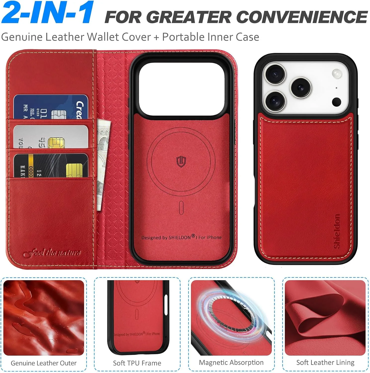 SHIELDON 2 in 1 Leather Case Wallet for iPhone 18 Pro/17 Pro, Retro Red