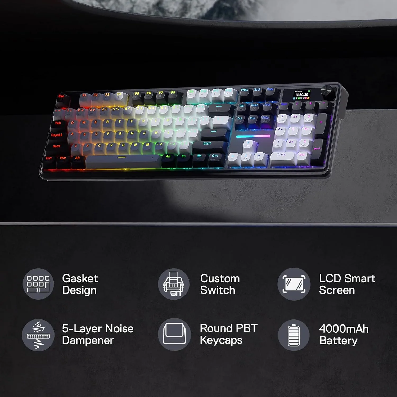 Redragon K762 PRO Wireless 104-Key Gasket Gaming Keyboard, Screen & Knob