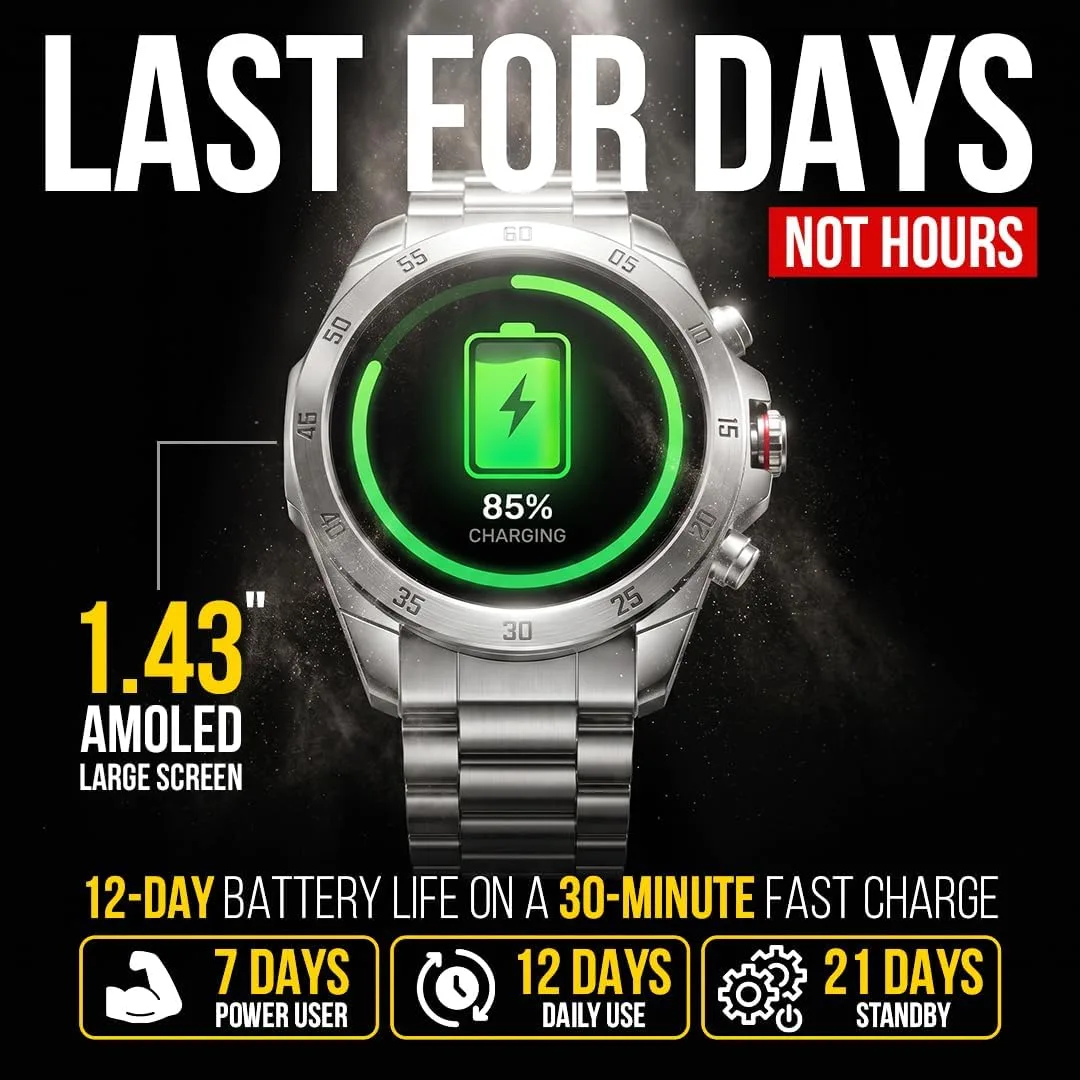 ALPHAGEAR Commander Smartwatch for Men, 1.43" AMOLED Large Screen, Full Metal Stainless Steel Smart Watch, 12-Day Battery, Bluetooth Calling, IP68 Water Resistant, for Android iPhone, Silver
