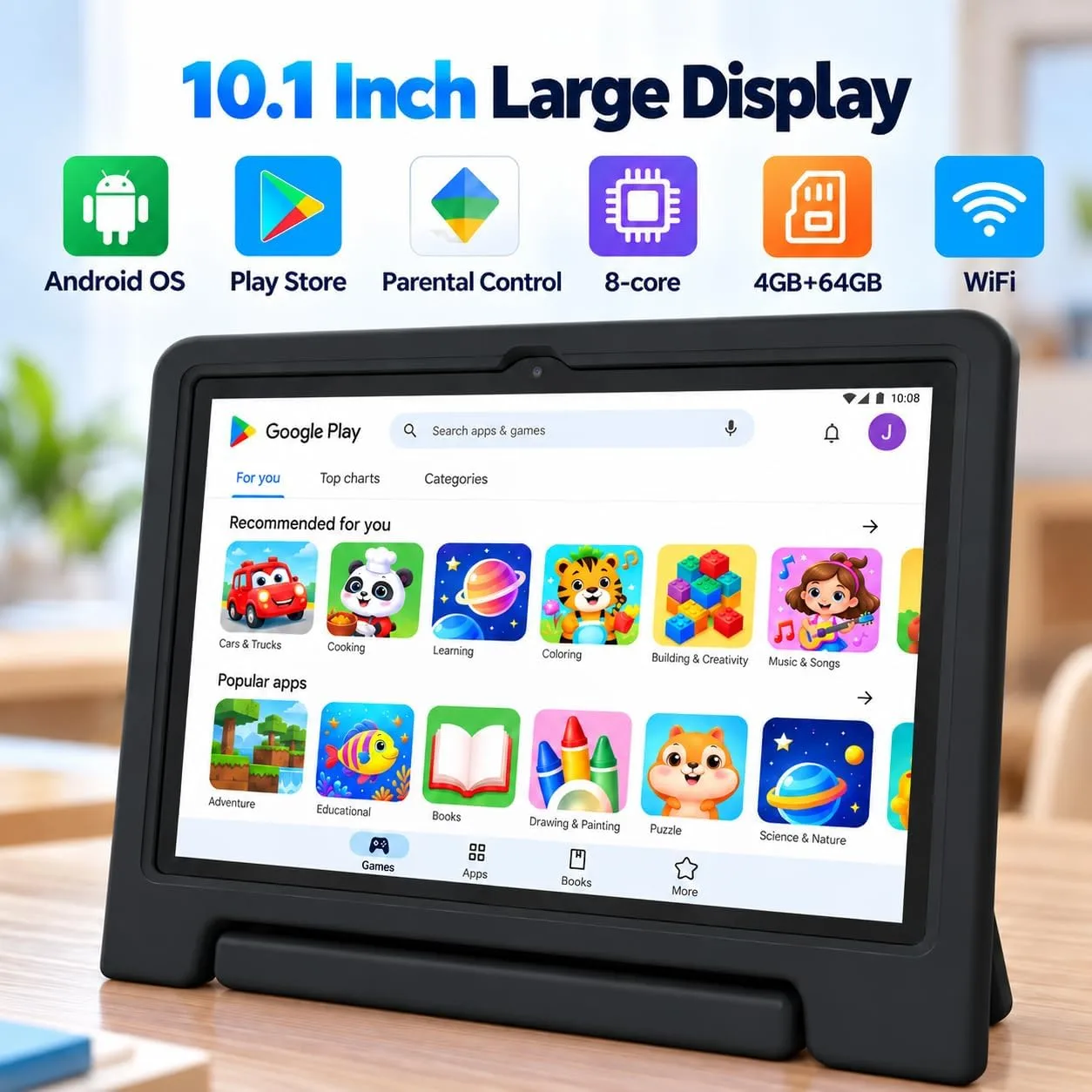 JREN
10.1"
Android
15
Tablet
with
Case,
64GB
Storage,Octa-Core
Black