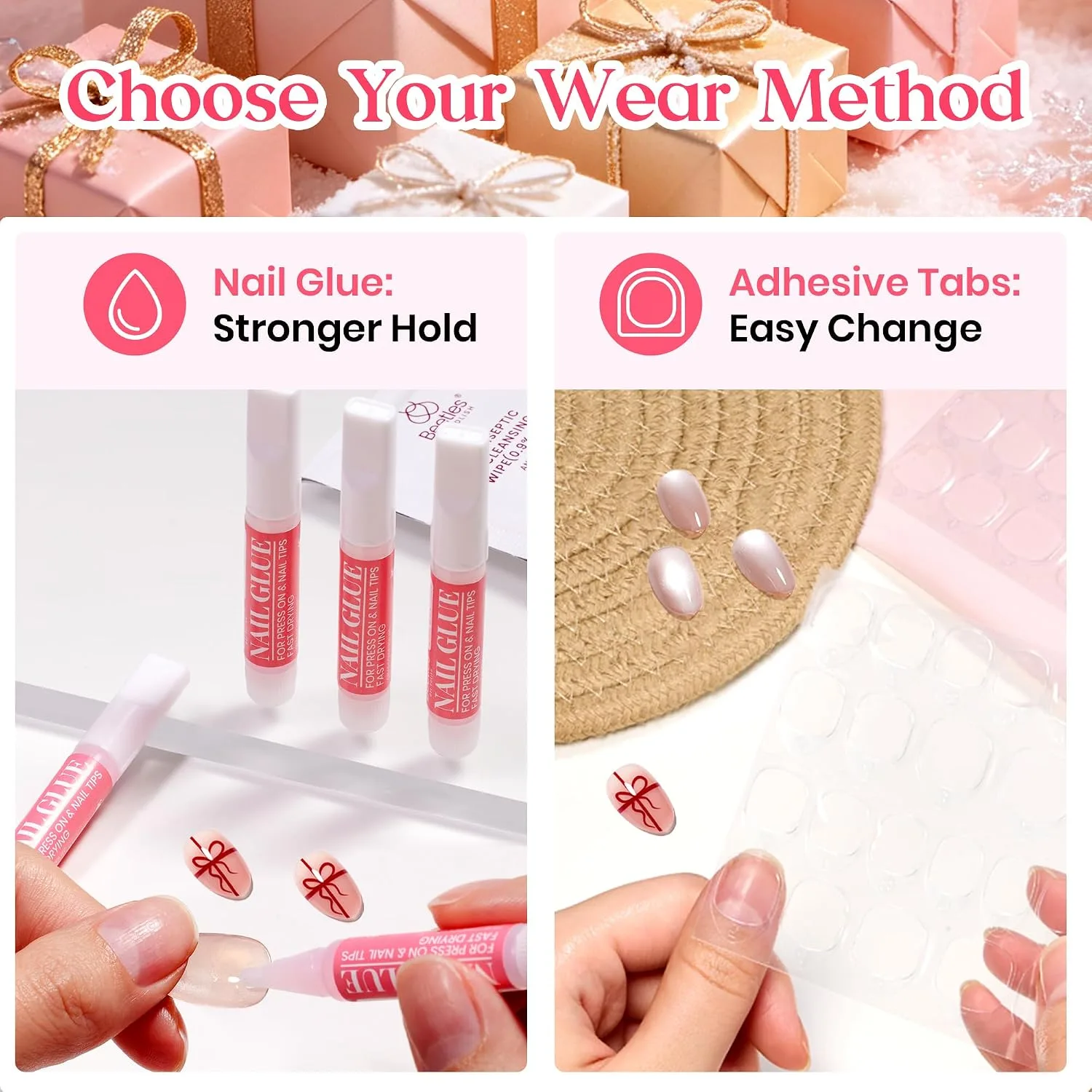 Beetles Christmas Press On Nails with Glue, 32 PCS Short Almond