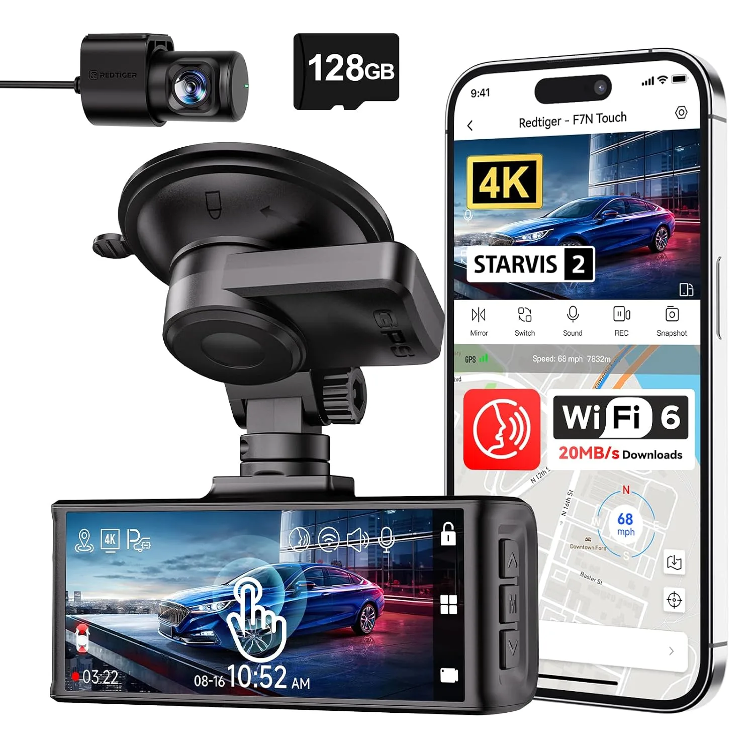 REDTIGER 4K STARVIS 2 Dashcam Front Rear, 5GHz WiFi 20MB/s, Free 128GB Card