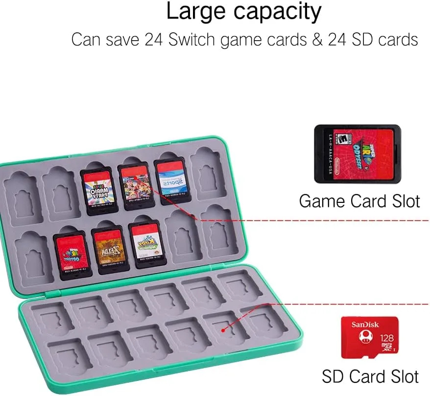 PERFECTSIGHT Cute Game Card Case Compatible with Nintendo Switch/ Switch Lite/ OLED 24 Game Holder Cartridge Case for Game and SD Cards, Kawaii Portable Compact Storage Box, Leaf