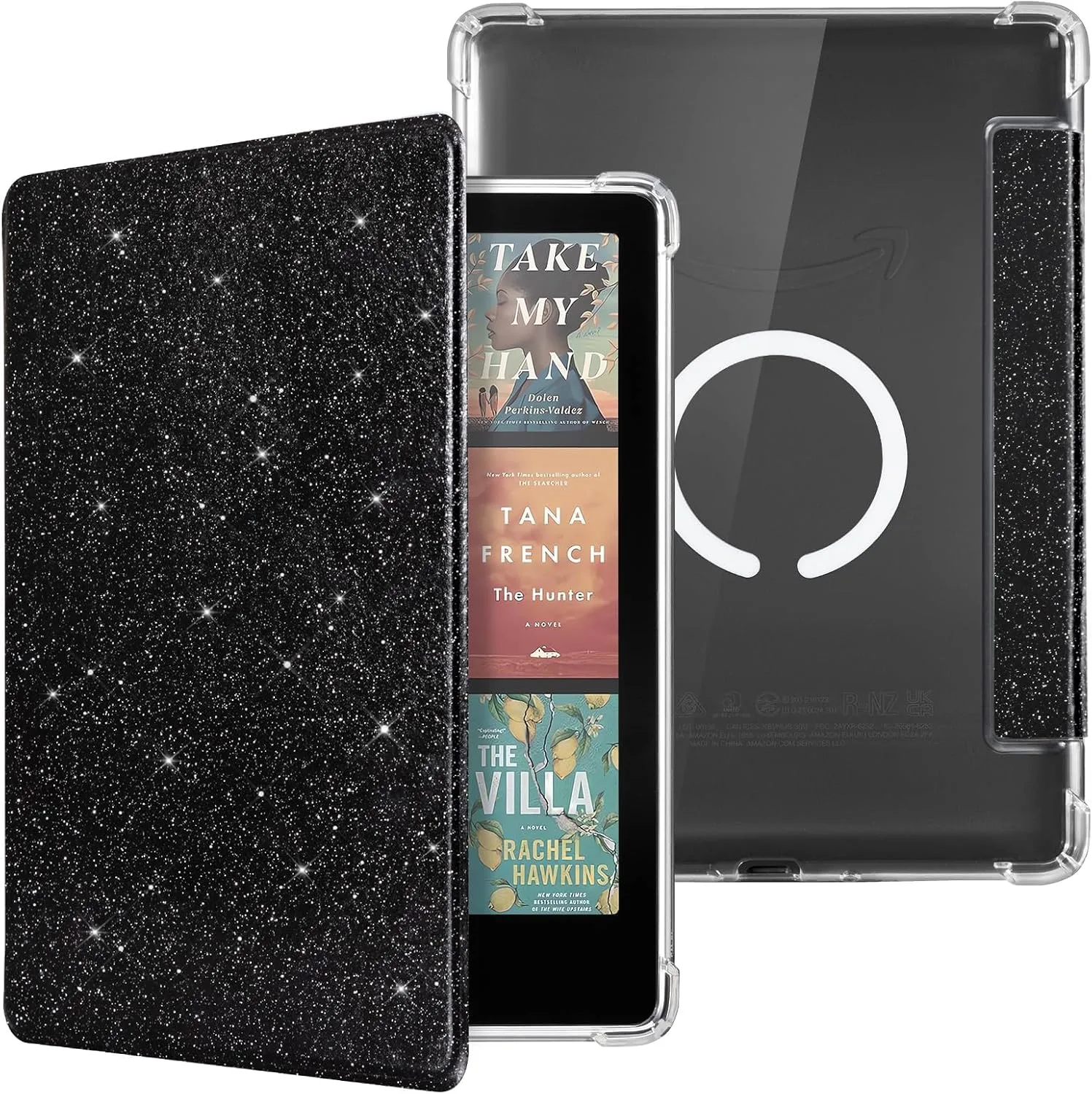 CoBak Magnetic Clear Case for 7" E-Reader - Compatible with iPhone MagSafe, for PopSockets Grips, for Belkin/Anker Wireless Charging Pads and Magnetic Stand,Black Glitter