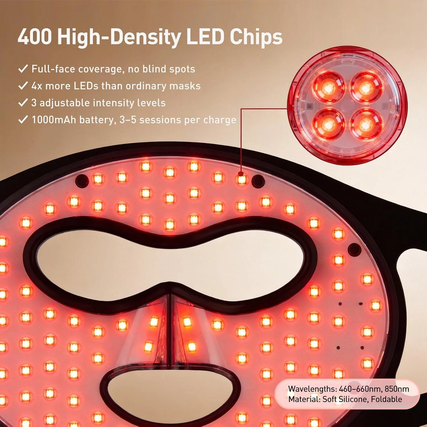FSA, HSA Eligible Wireless Red Light Therapy Mask, 400 LEDs Light Therapy Device for Face, Red Light Therapy Mask with 850nm Near Infrared