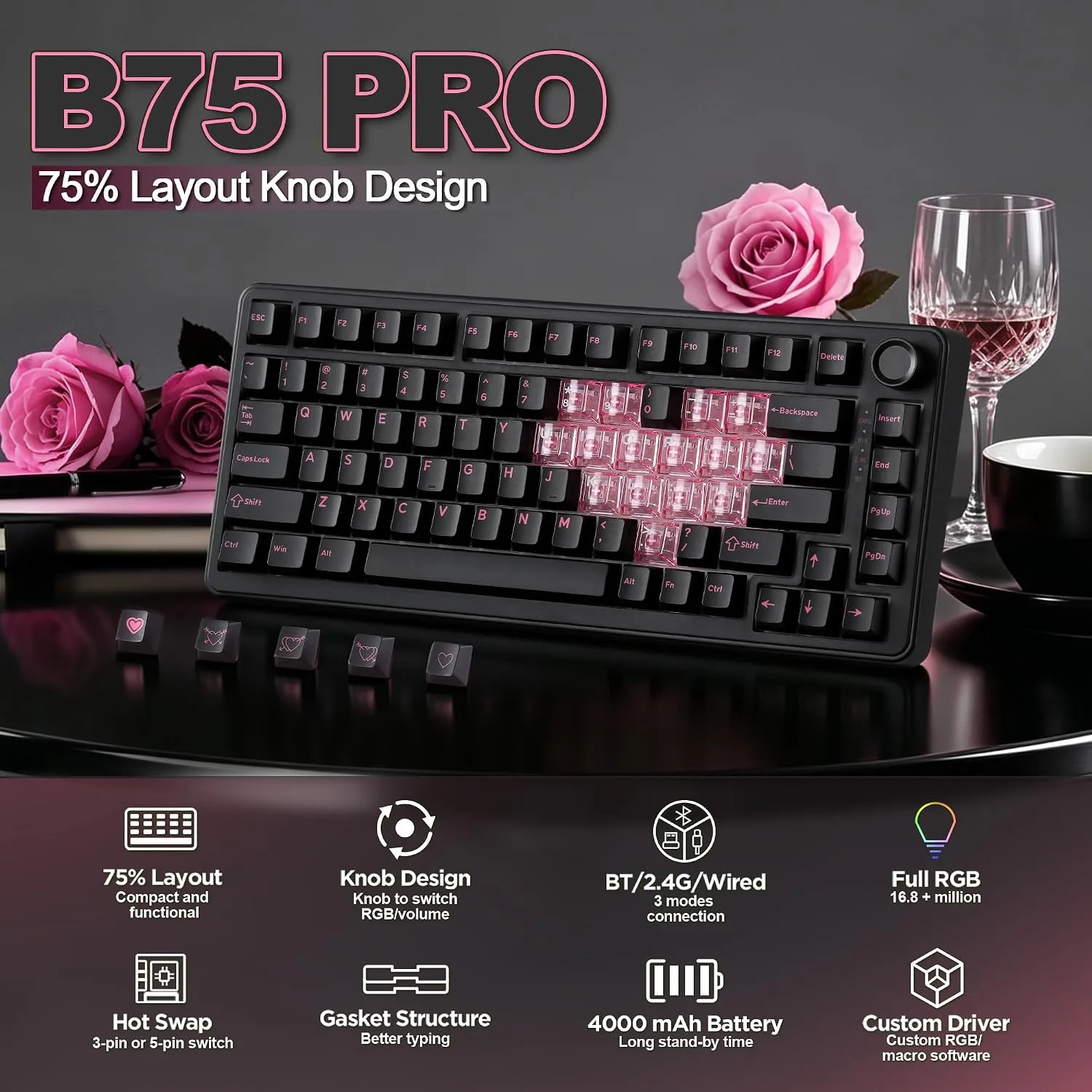 YUNZII B75 PRO 75% Wireless Mechanical Keyboard (Black Heart, CocoaV2)