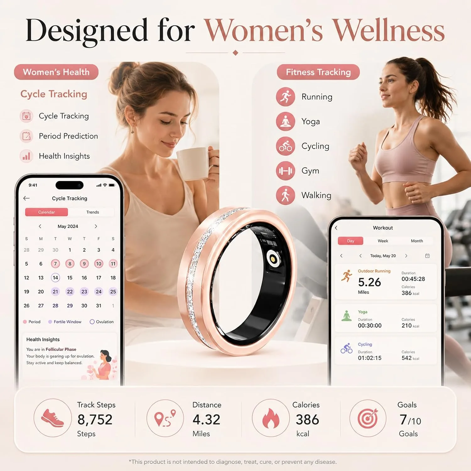 Smart Ring for Women Health Ring with 24/7 Heart Rate Monitor Sleep Tracker Multi-Sport Modes Waterproof Remote Camera Period Tracking Fitness Tracker Diamond-Accented Fashion iOS Android Phones