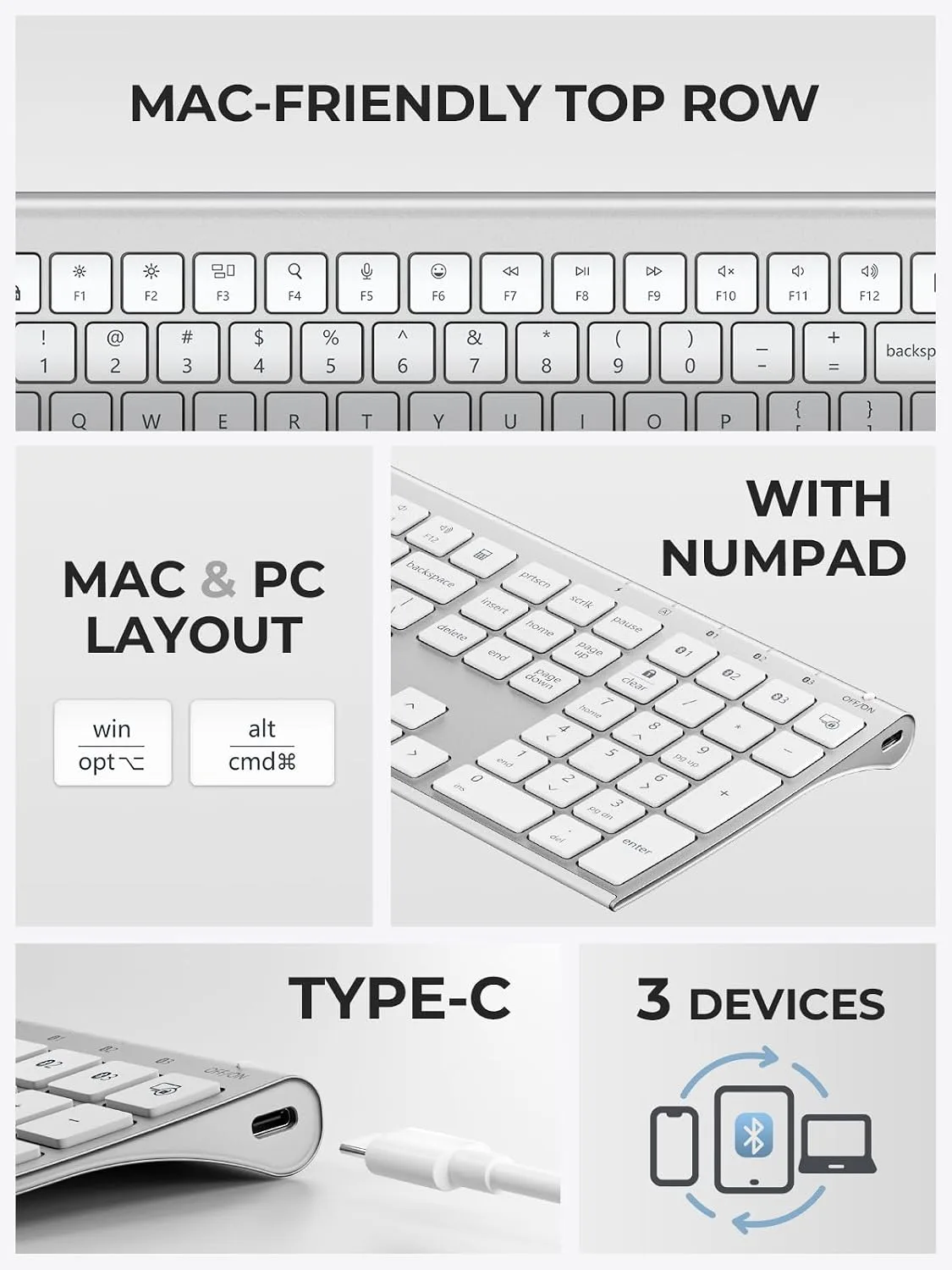 iClever BK10 Max Bluetooth Keyboard for Mac, Slim Full-Size Layout, Silver