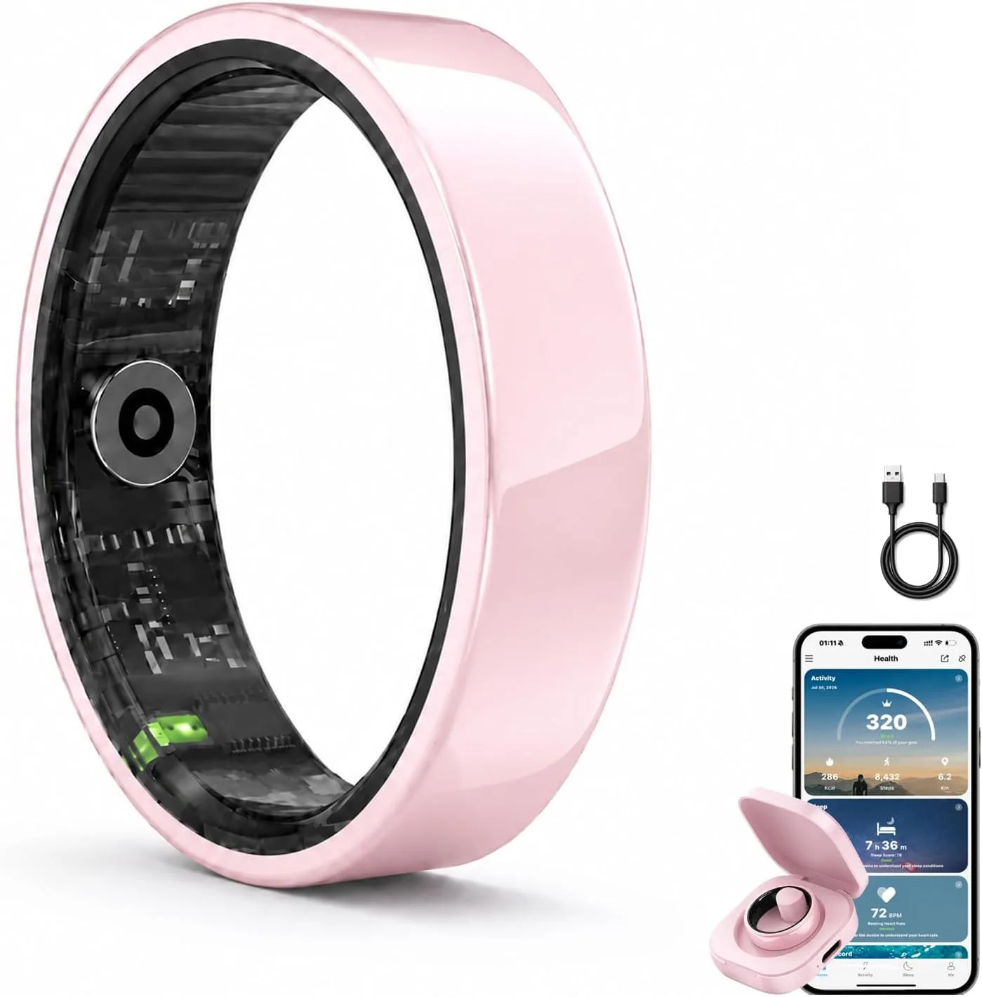 Slim Smart Ring for Women, Ceramic Health Fitness Tracker Pink，9#