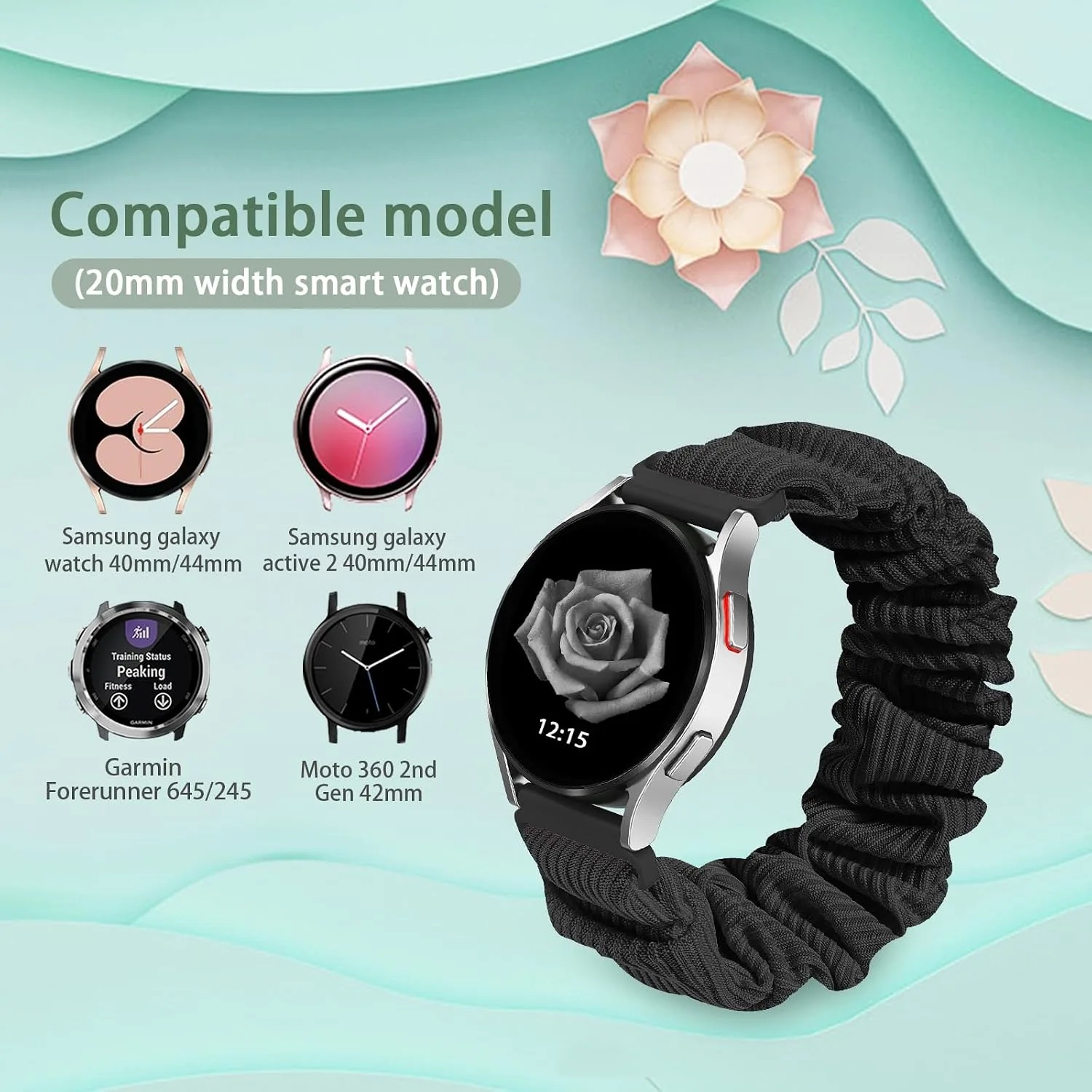 Compatible with Samsung Galaxy Watch 7/6/5/4/Active 2/FE Bands - 40mm/44mm, 20mm Quick Release Scrunchie Strap - Stretchy Cute Elastic Fabric Bands (10-Pack) Women