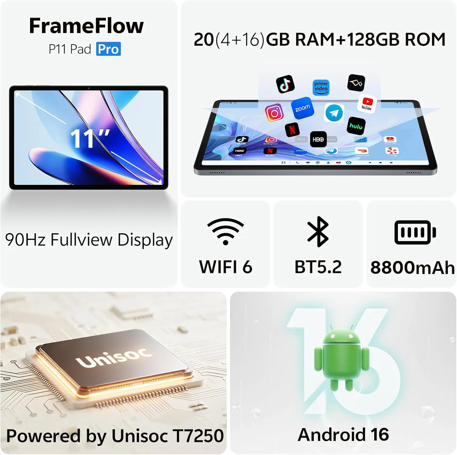 Tablet 11 inch, Android 16 Tablet, Silver