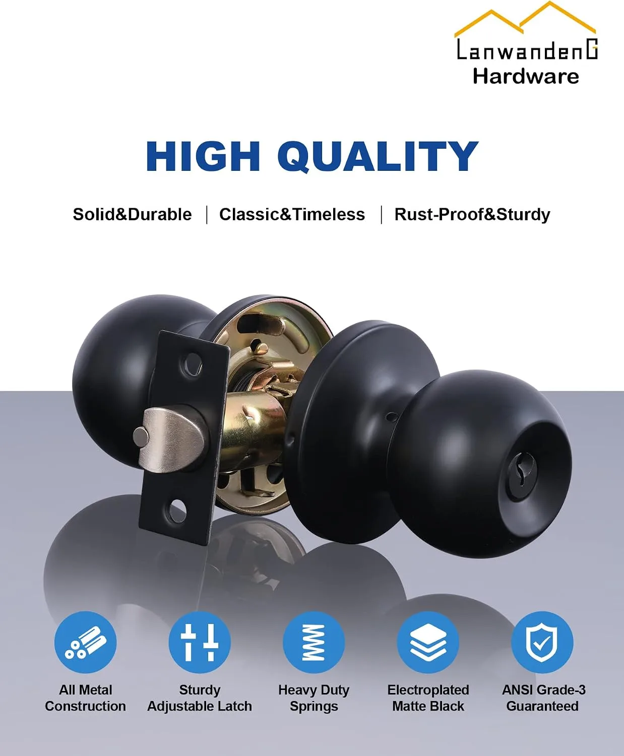 Lanwandeng Matte Black Door Knobs with Lock and Keys, Interior/Exterior Door Knob for Bedroom or Bathroom, Entry Door Lock