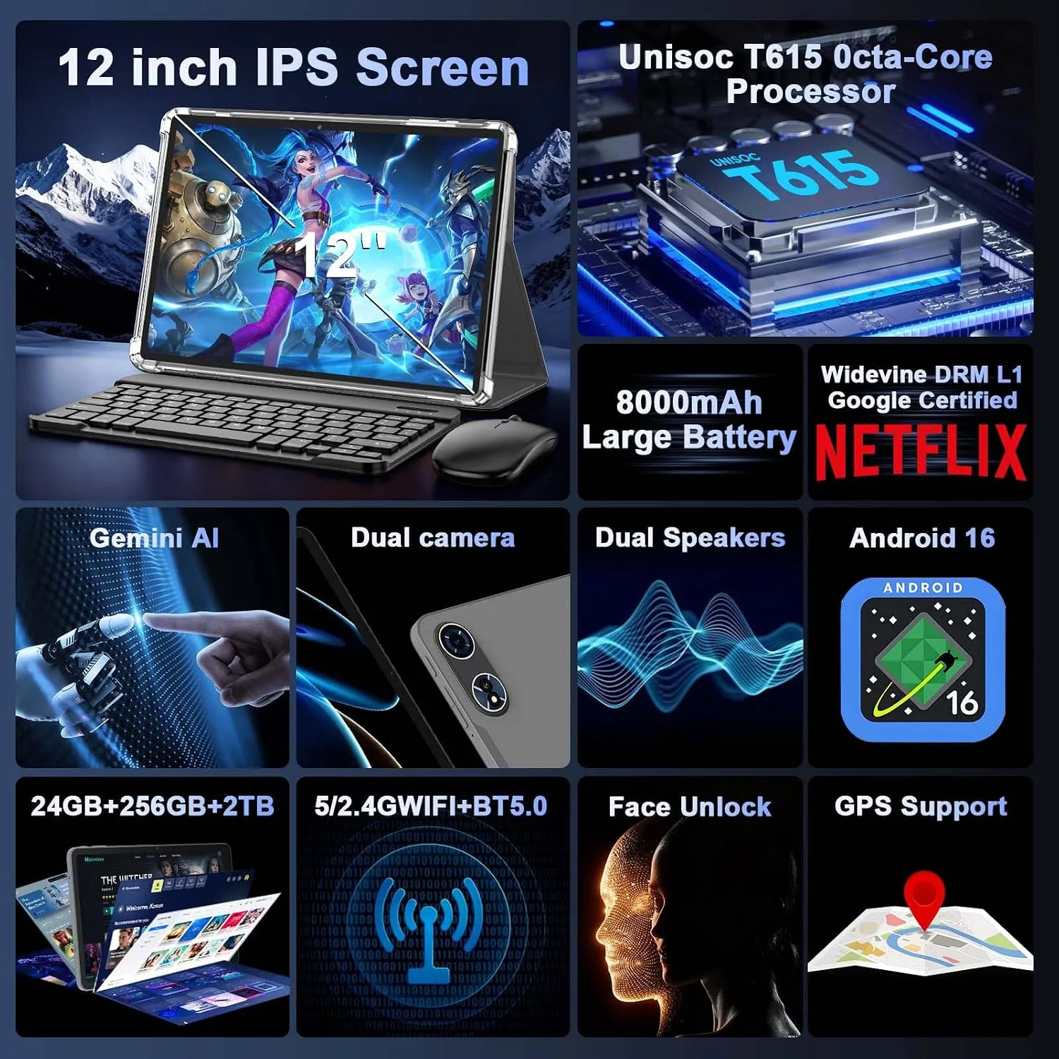 12 Inch Tablet - Android 16 Tablet with Keyboard, 24GB+256GB+2TB Expand