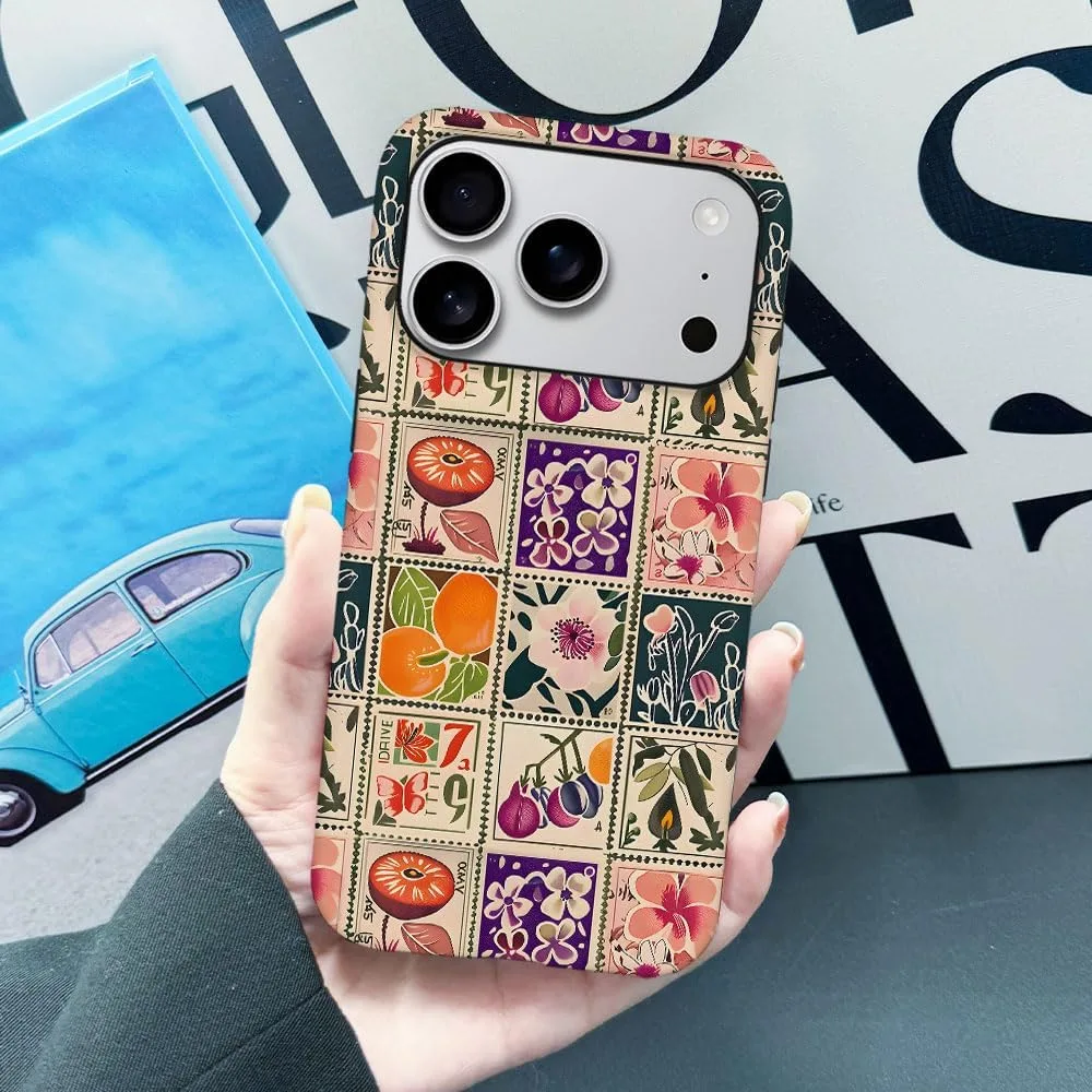 Case Compatible with iPhone 18 Pro/iPhone 17 Pro,Fall Prevention Hybrid 2-Layer Hard Shell Phone Cover for Girls Boys,Vintage Flower Orange Stamp Collage