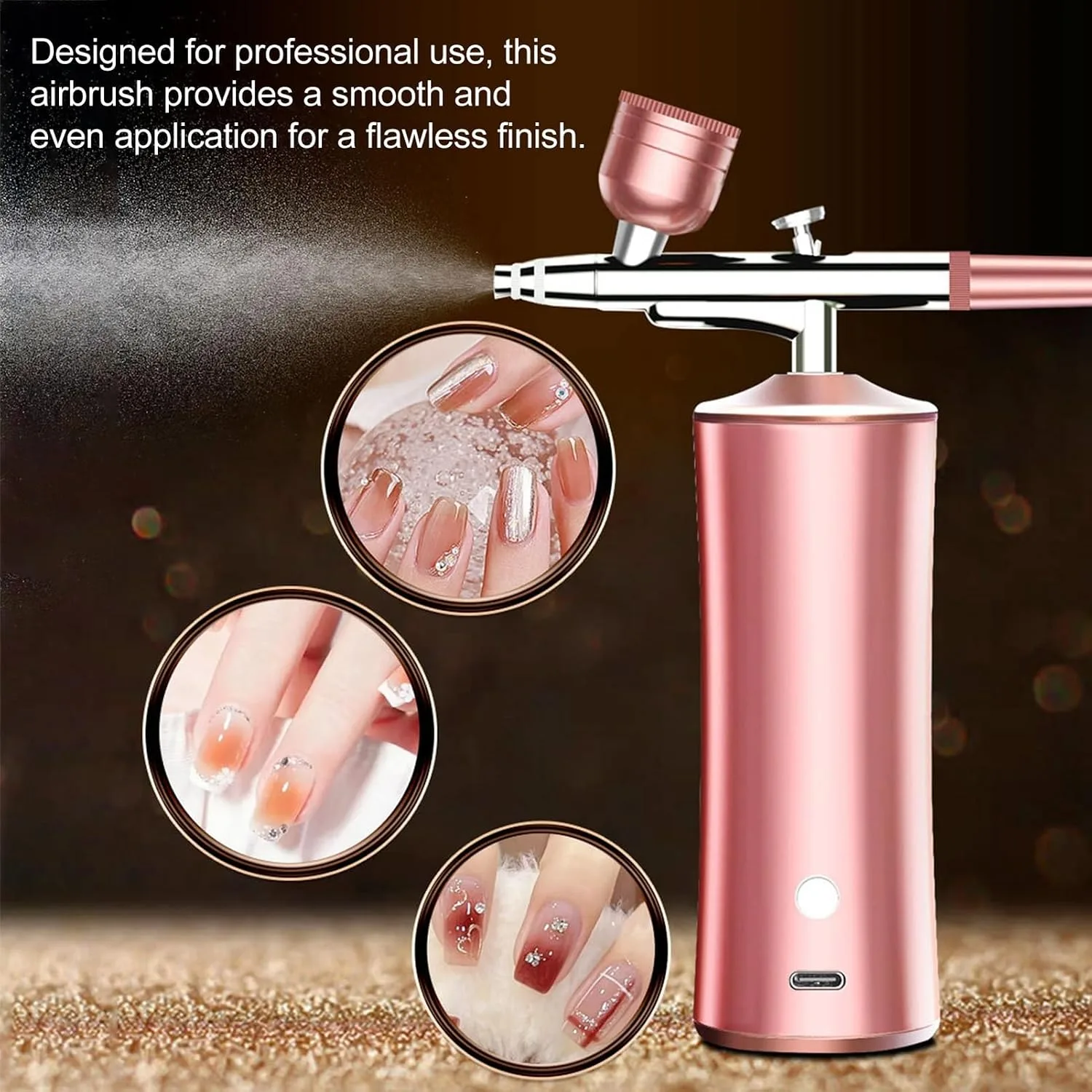 Airbrush Kit with Compressor, Rechargeable Cordless Air Brush Nail Machine with 0.3mm Nozzle and Cleaning Brush for Nail Art, Makeup, Painting, and Cake Decorating (Pink)