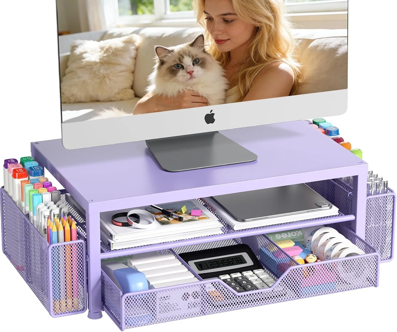 OPNICE Desk Organizer, Monitor Stand Riser with Drawer and 2 Pen Holders