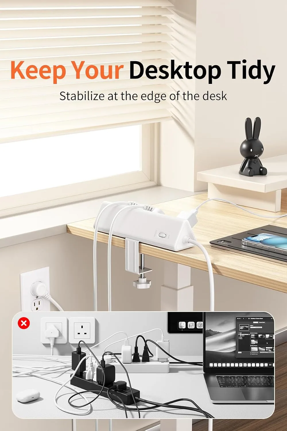 AnnTane Desk Clamp Power Strip USBC, 40W Fast Charging, 6.5 Ft, White