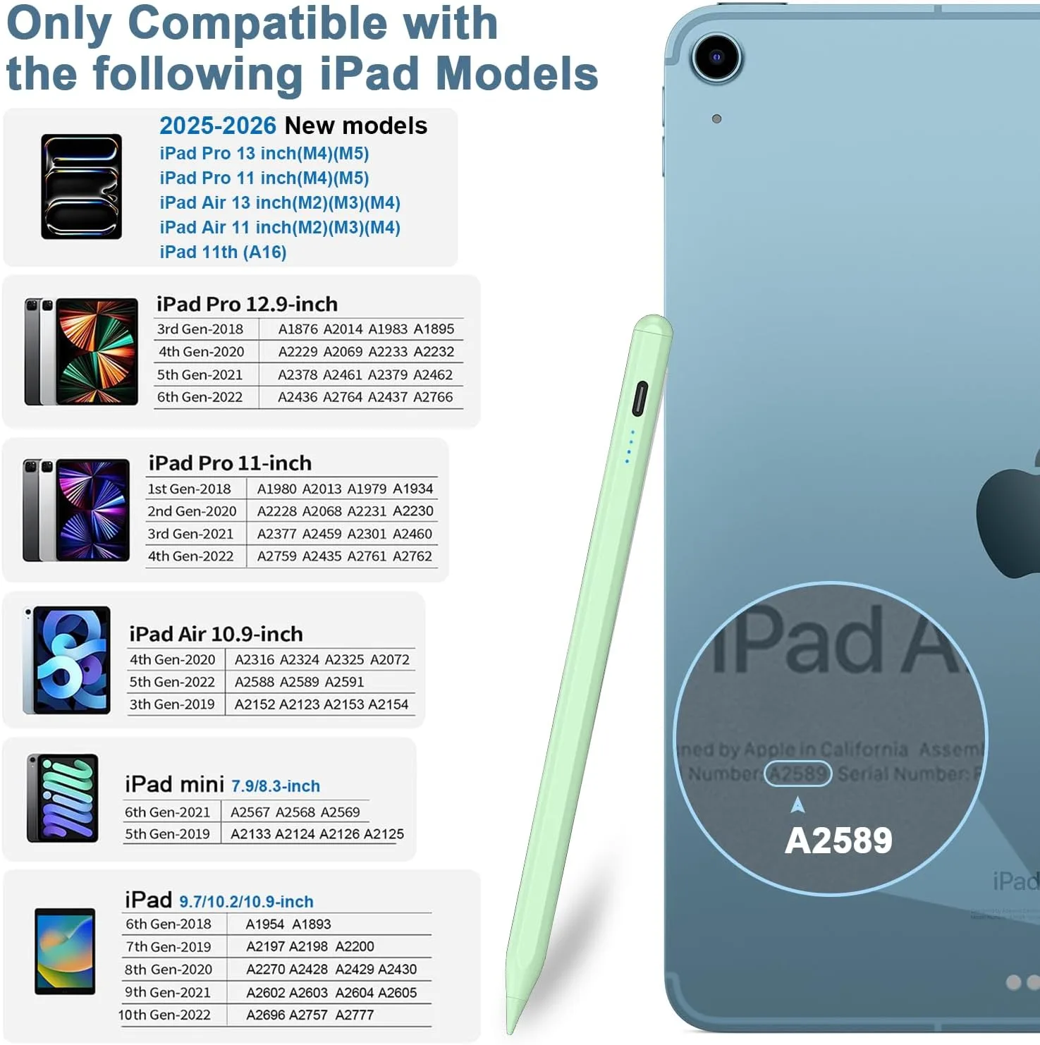 DOGAIN A8 Stylus Pen for iPad 2018-2026, Fast Charge, Palm Rejection-Green