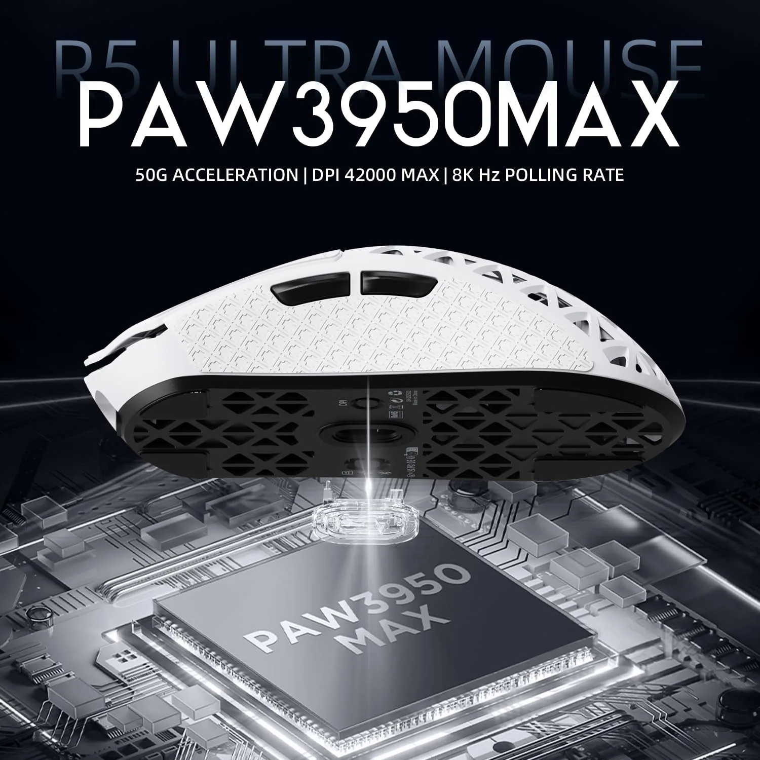 ATTACK SHARK R5Ultra 8K Carbon Fiber Wireless Gaming Mouse, White&Tape
