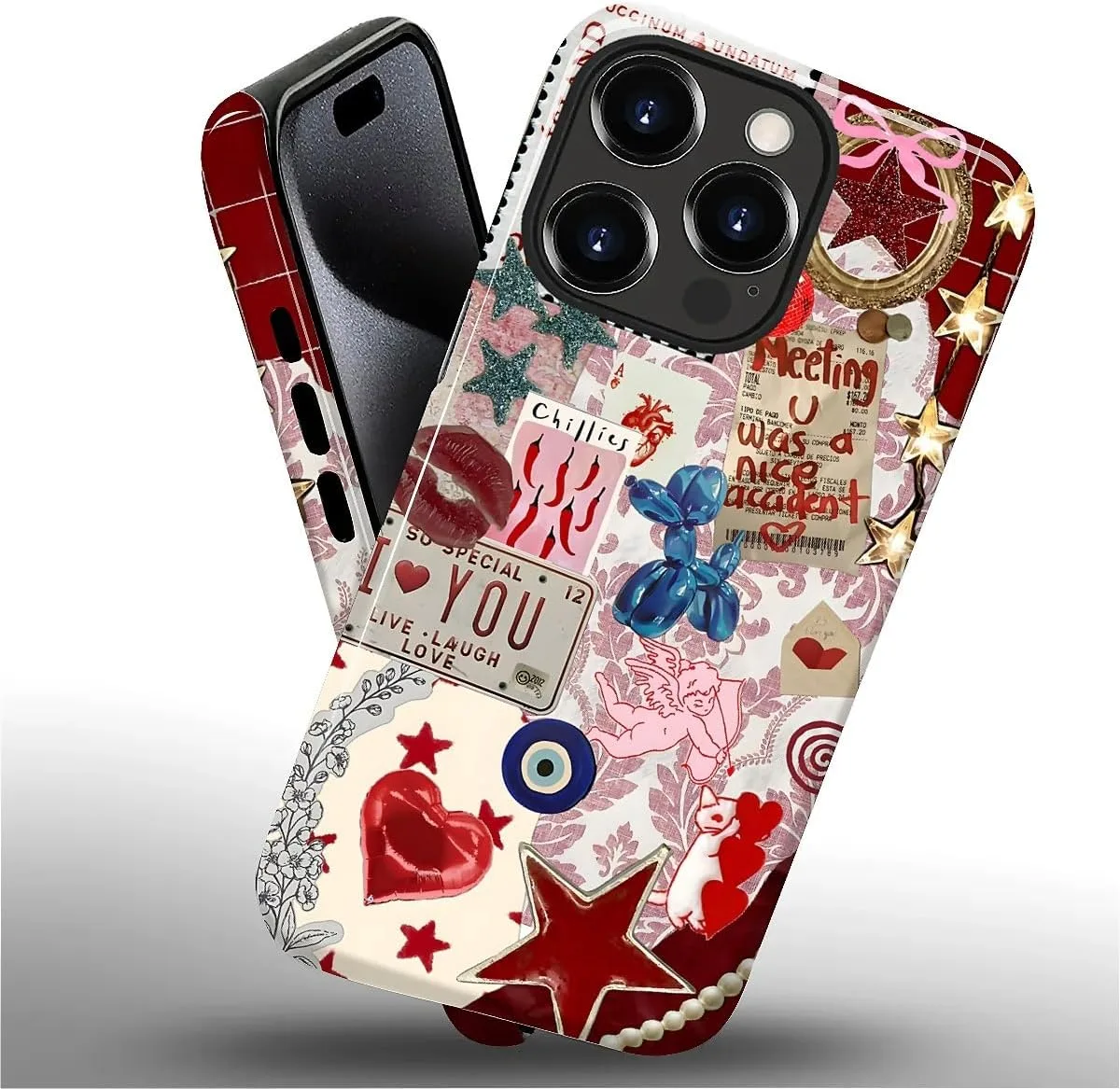 DAIZAG Case for iPhone 15 Pro Max,Mixed 2 Layer Design Shockproof Soft TPU Ddouble Protection Phone Case for iPhone 15 Pro Max-Conch Red Pearl Collage