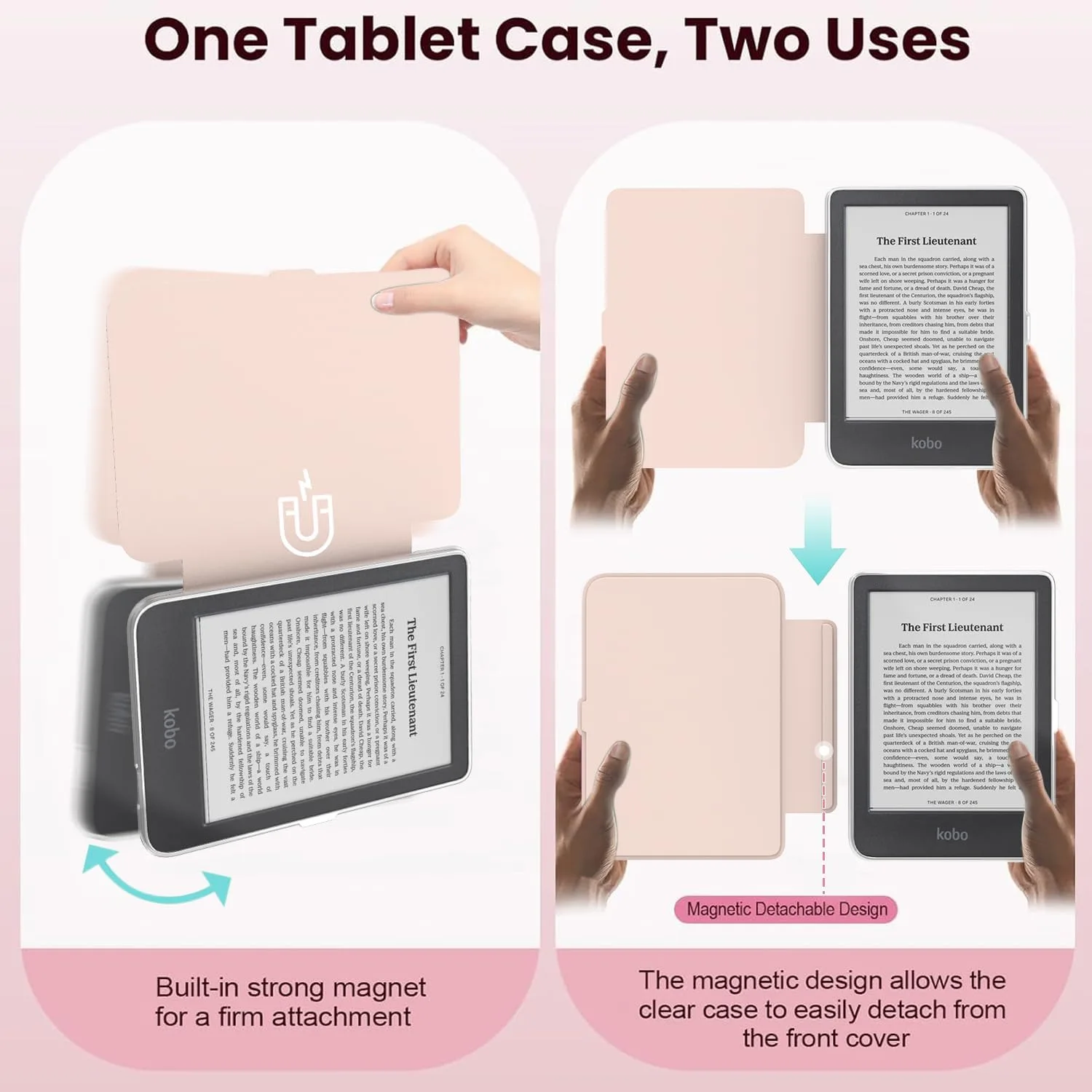 E NET-CASE Detachable Magnetic Case for 6" Kobo Clara Colour (2024) /Clara BW(2024) /2E(2022) eReader,Ultra Clear Back丨Easy to Detach & Attach丨Auto Sleep/Wake (Pink Flowing Gold)