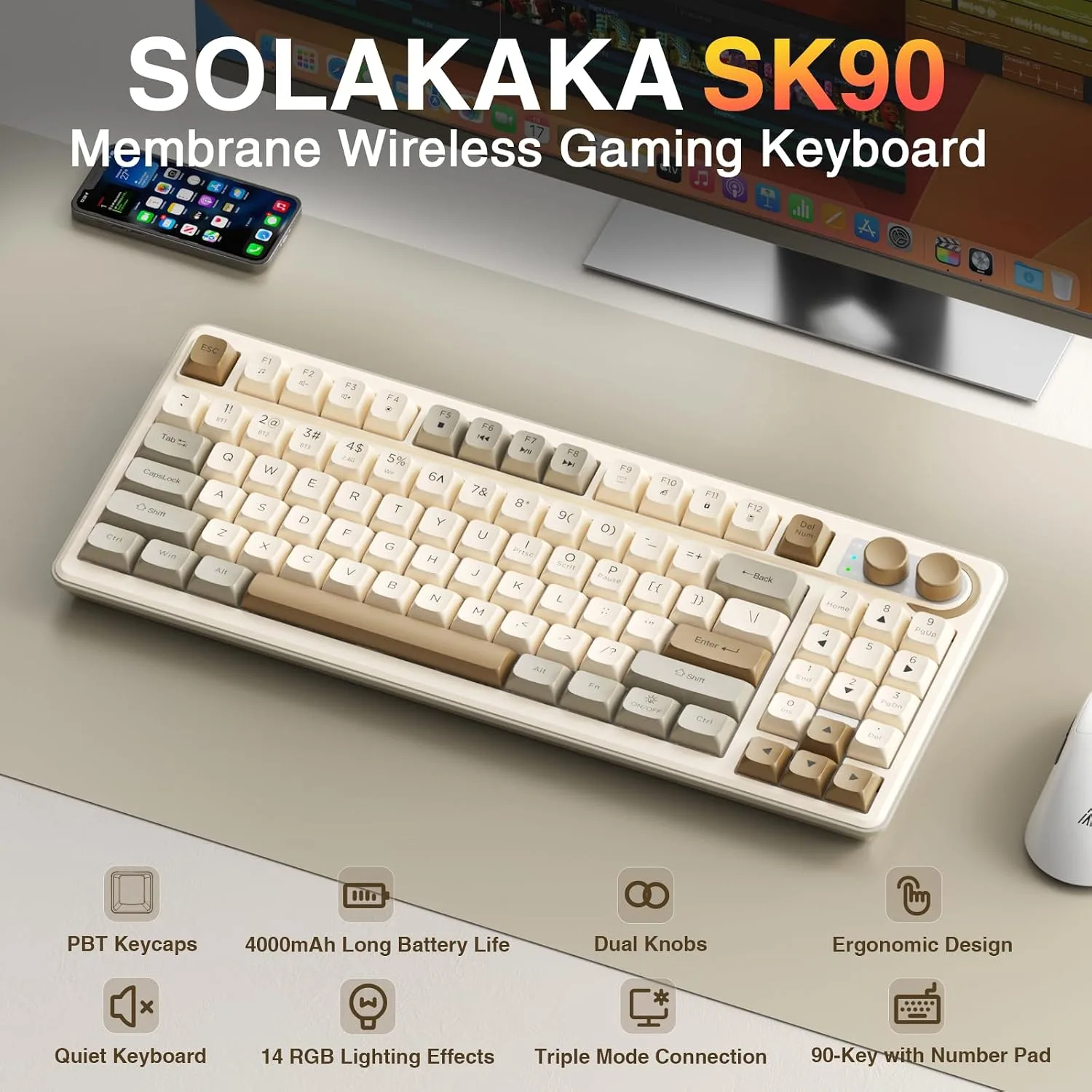 SOLAKAKA SK90 75% Wireless Gaming Keyboard with Media Knob & Number Pad