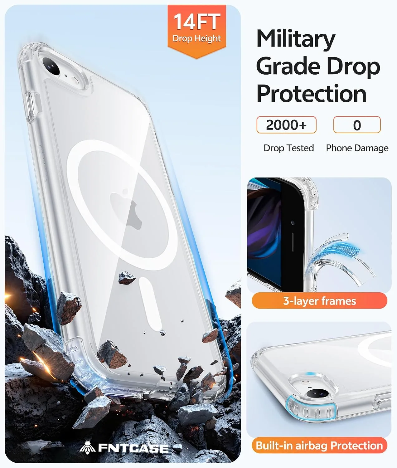 FNTCASE for iPhone SE Case 2022(3rd)/2020(2nd), iPhone 8/7 Case, Clear