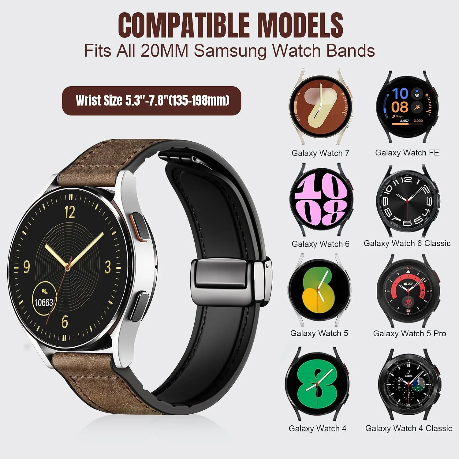 Charlam Magnetic Leather Bands Compatible with Samsung Galaxy Watch 7 Band 6 5 4 FE Active 2 40mm 44mm/Watch 6/4 Classic/Watch 5 Pro/3, 20mm Genuine Leather Straps for Samsung Watch Bands Men Women