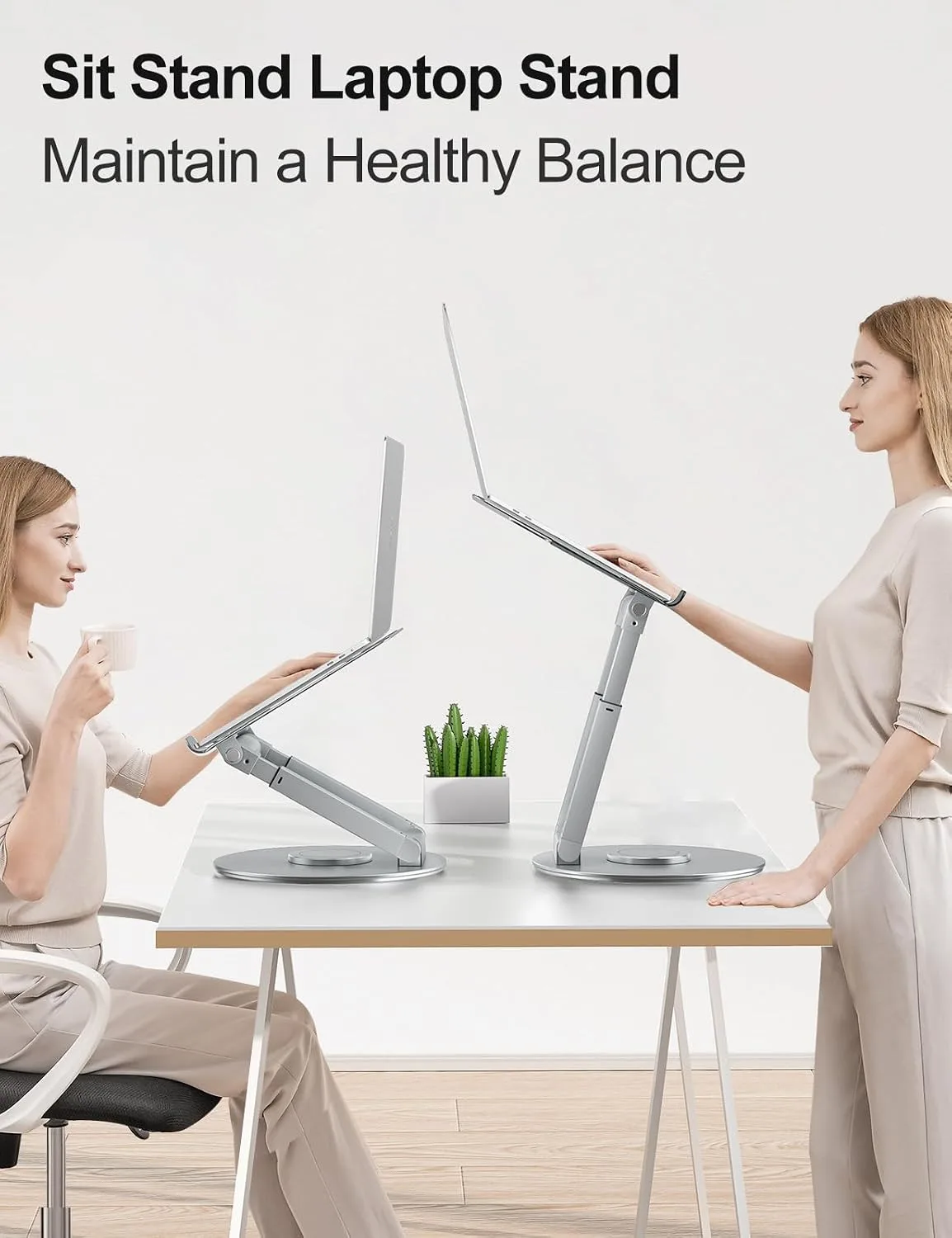 tounee Telescopic Laptop Stand for Desk with 360° Swivel Base, Sit to Stand, Height Adjustable, Portable Riser Holder for Good Posture, Compatible with All Laptops 10-17"-Silver