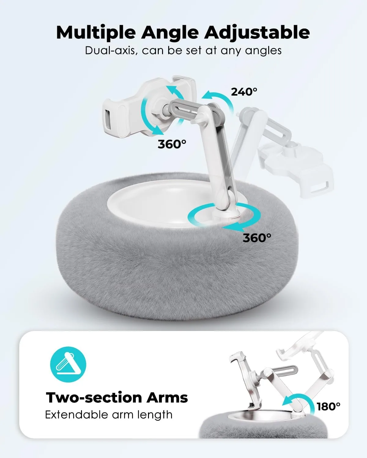 Viozon Tablet Stand with Pillow, Compatible with 4.7"-13" Phone/Tablet, iPad, iPhone, Samsung, Google, Kindle, 360°Adjustable Phone Holder for Bed with Soft Plush Fabric, and Detachable Bowl, Grey