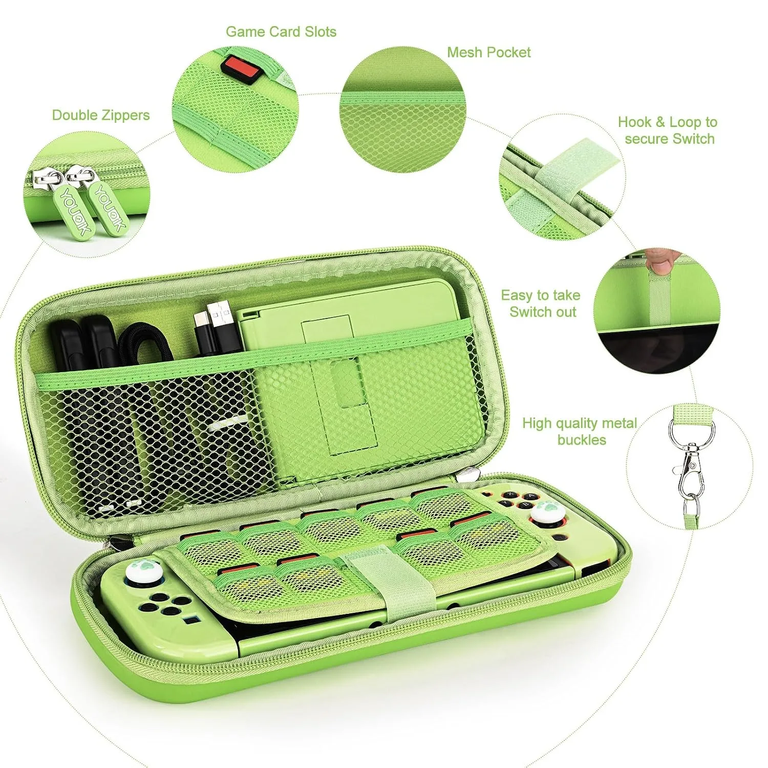 Younik Switch Accessories Bundle, 17 in 1 Green Switch Accessories Kit for Girls Include Switch Carrying Case, Adjustable Stand, Protective Case for Switch Console & J-Con