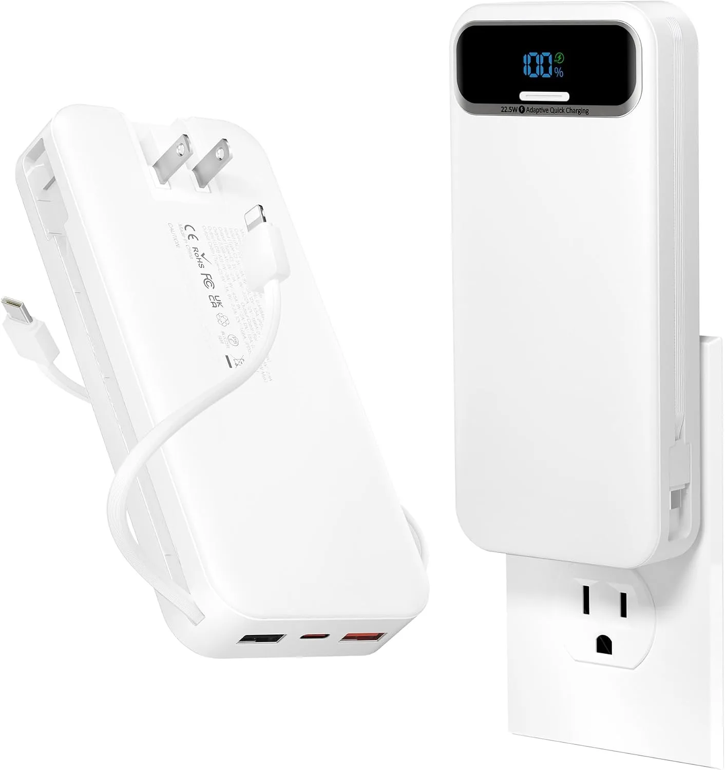 aonidi Portable Charger 20000mAh with Built-in Cables&AC Wall Plug, White