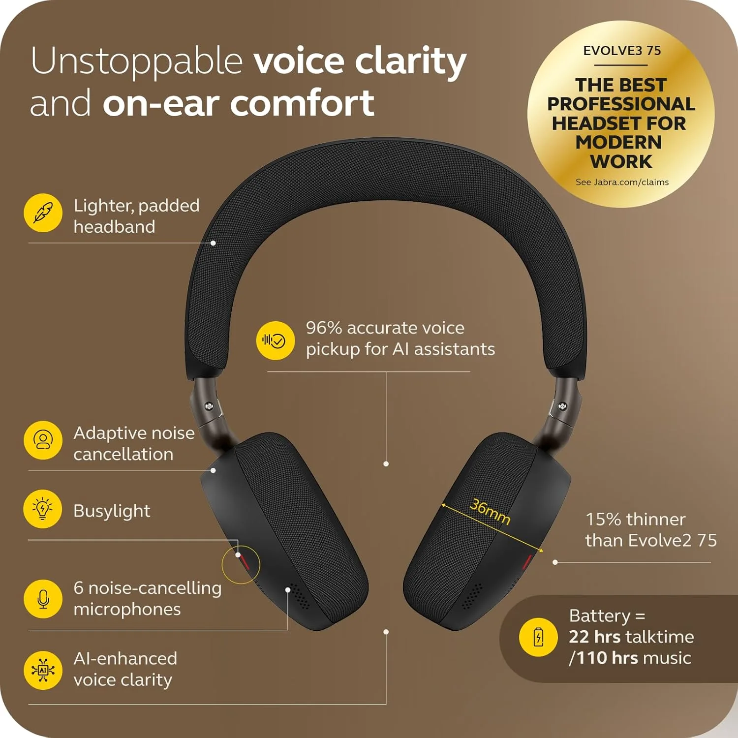 Jabra Evolve3 75 On-Ear Wireless Bluetooth Headset with Microphone, Black