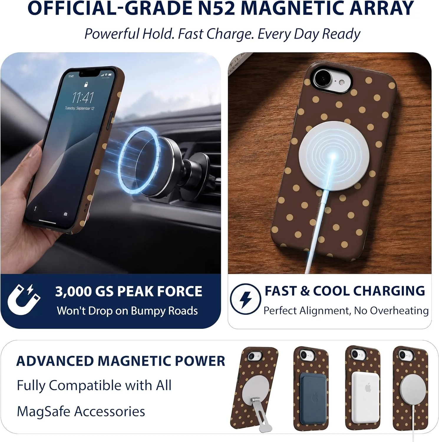 Magnetic for iPhone 16e/17e Phone Case, Brown & Cream Polka Dot