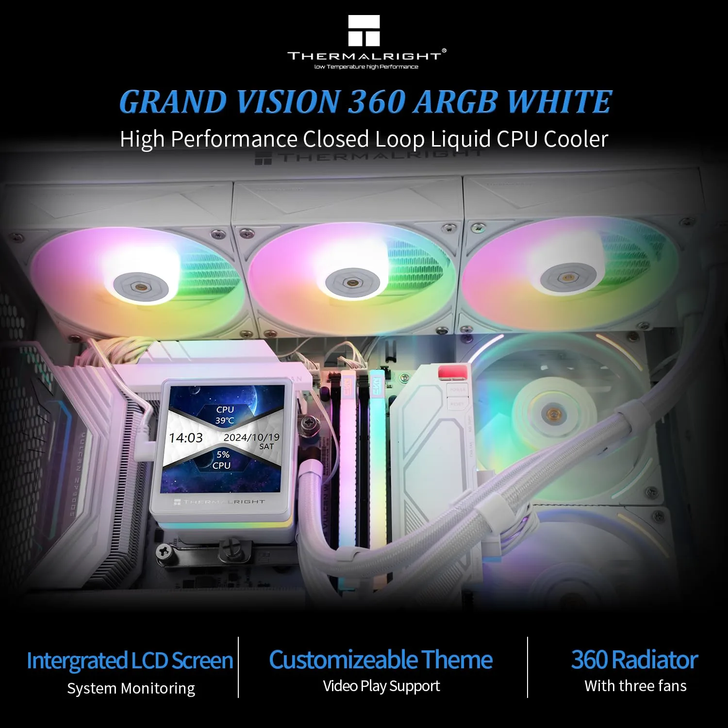 Thermalrlght Grand Vision 360 ARGB White CPU AIO Cooler,PC 360 Specification Water Cooler System,IPS LCD Screen with 480x480 Resolution and 3.4inch,for AM4/AM5&Intel LGA1700/1851