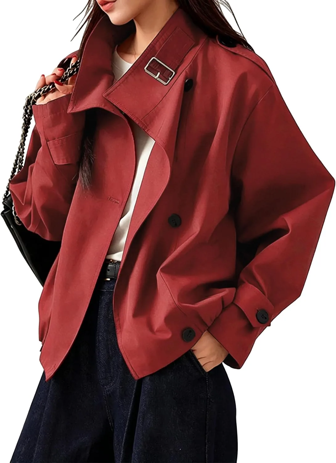 Megfie Jackets for Women Vintage Trench Coat Funnel Neck Cropped Jackets
