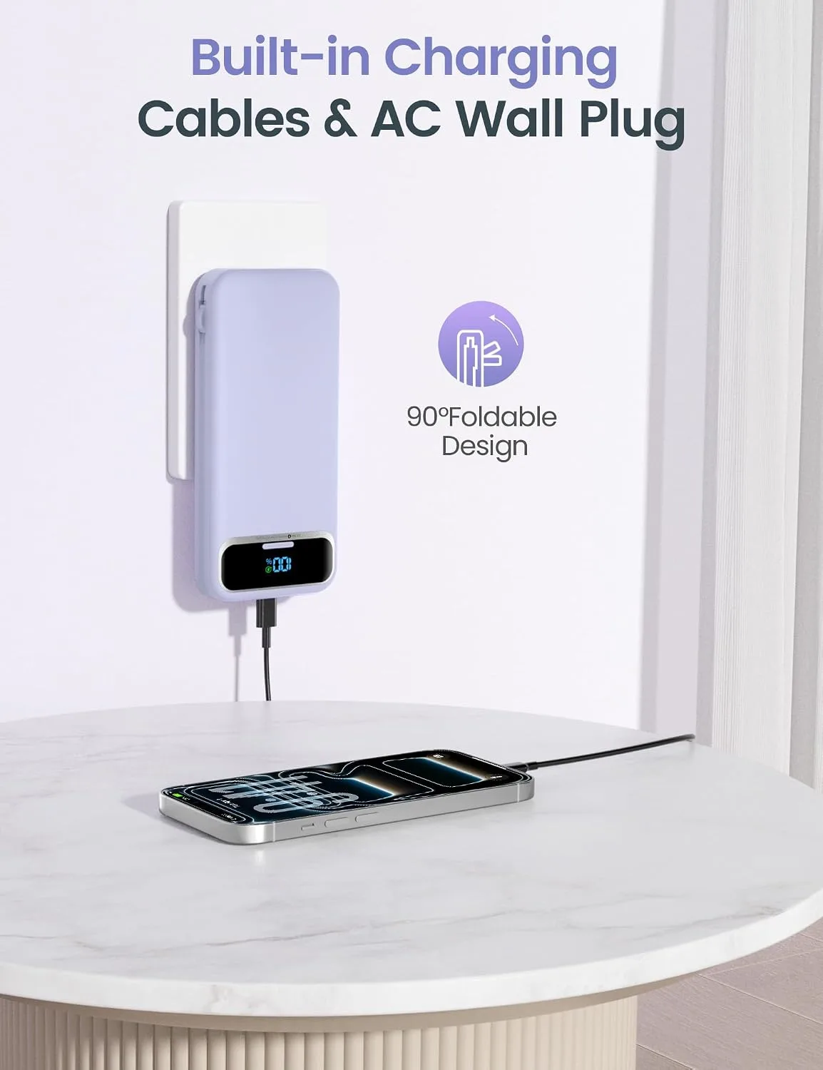 aonidi Portable Charger 12000mAh with Built-in Cables&AC Wall Plug, Purple