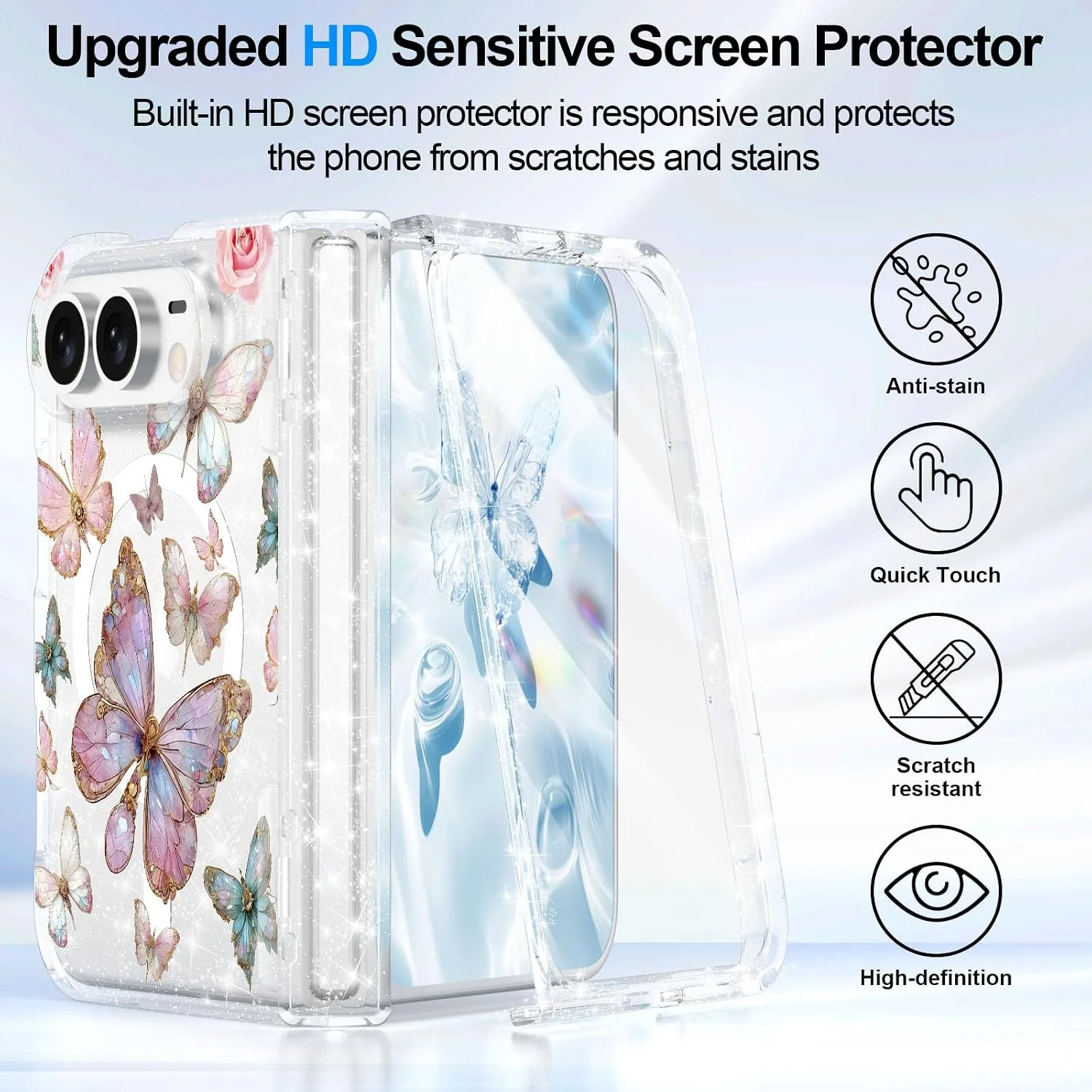 for iPhone Duo Case Clear Glitter Magnetic with Hinge Protection