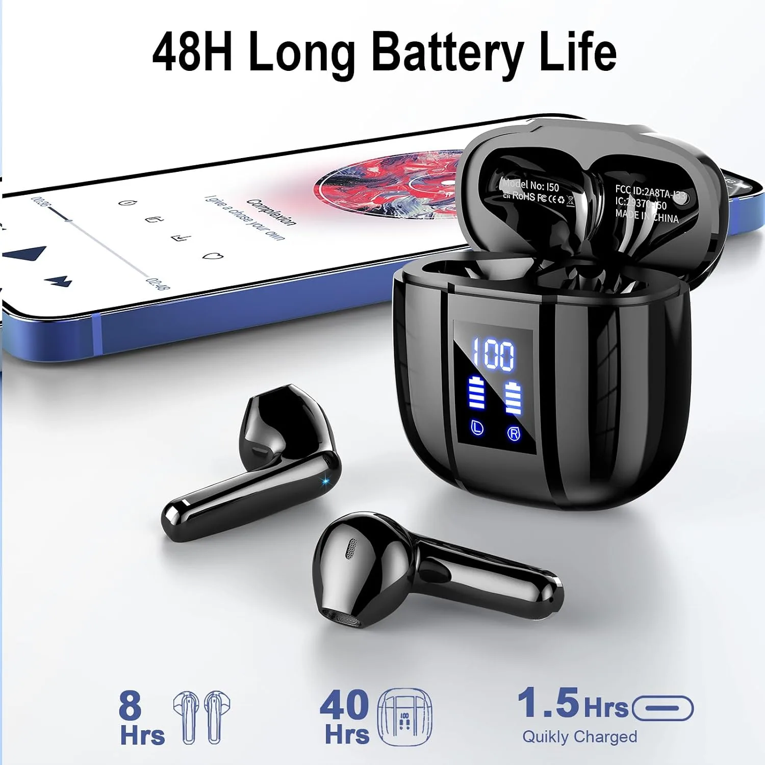 Wireless Earbuds BT5.4 Earbuds 48H LED Display IP7 ComfortFit Sports Black