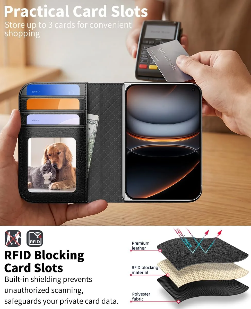 OCASE for iPhone Duo Wallet Case with Ring Stand, Card Holder, Black